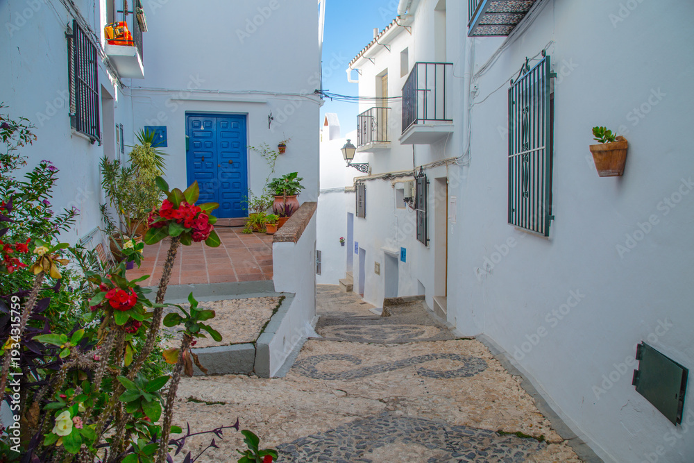 Fototapeta premium Charming narrow street with white buildings and a vibrant blue door in a Mediterranean village