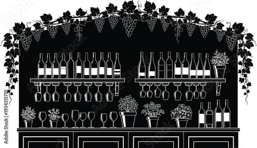 Wine bar shelf display with bottles and hanging glasses silhouette, vineyard grape decor illustration isolated on white background for restaurant and hospitality design