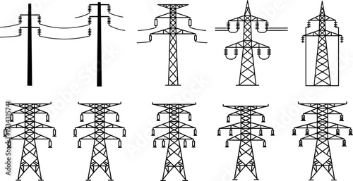 Set of electricity transmission towers and utility poles silhouettes representing high voltage power lines, electrical grid infrastructure, energy distribution and industrial engineering icons 