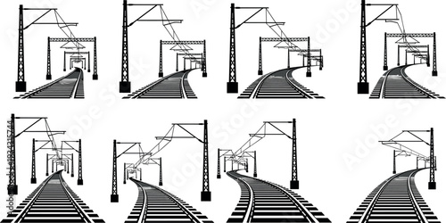 Railway tracks with overhead electric line poles silhouettes collection representing railroad infrastructure, train transport system, railway engineering and modern rail transportation network