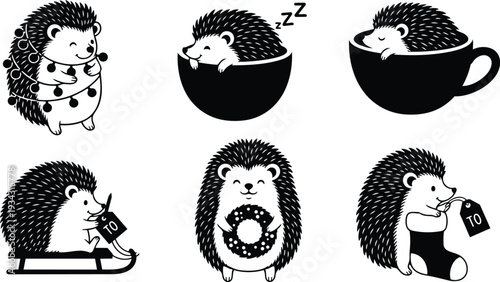Flat black and white vector close up six playful hedgehog illustrations showing smiling and sleeping hedgehogs in cup sled and donut holding gift tag festive mood