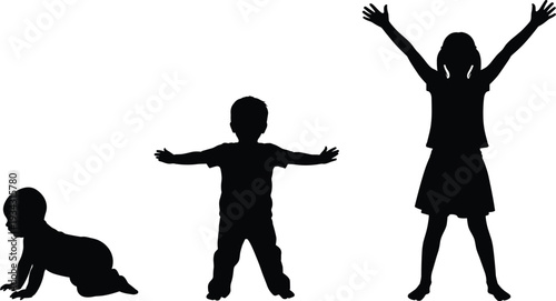 Black silhouettes of children in various poses kids crawling standing
