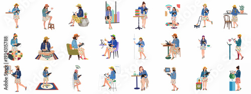 Creative woman using a digital tablet and stylus in various modern environments, illustrating, learning, or working remotely with wireless connectivity.