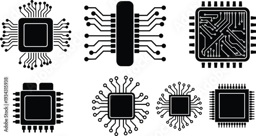 Minimalist black microchip icons top view set of eight circuit board processors with radial traces close up flat vector style technology symbols isolated white background clean