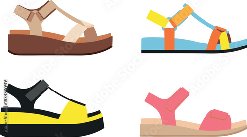 Summer sandals footwear collection flat vector illustration featuring casual beach shoes for men women and kids comfortable open toe sandals isolated on background