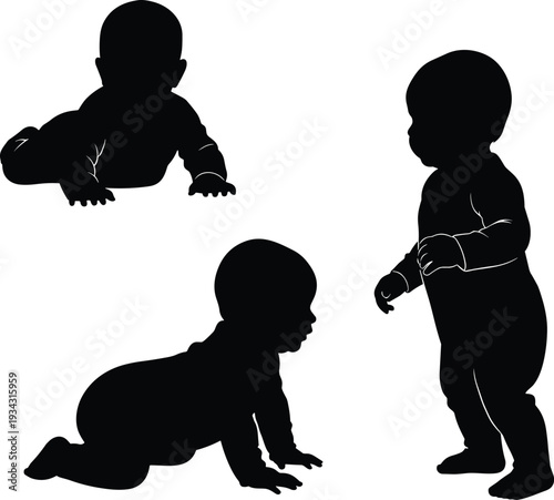 Black silhouettes of babies crawling and standing baby