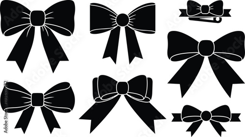 Silhouette vector close up decorative bow set showing eight black ribbon shapes different loops tails hair clip gift wrap icons flat design isolated on white background
