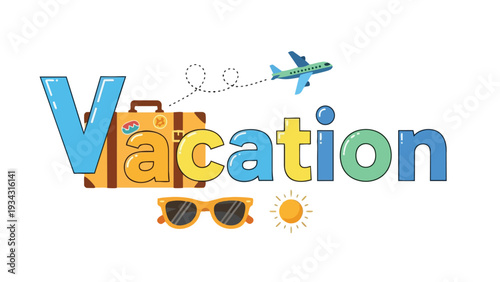 Joyful journey: vibrant lettering for a sunny escape featuring travel essentials and an airplane