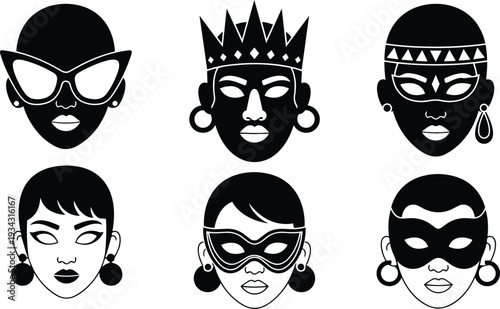 Black and white vector faces set six masked and crowned women icons frontal close up bold earrings stylized geometric features high contrast graphic design minimalist portrait