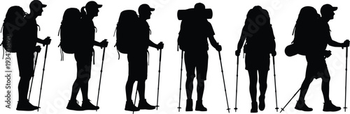 Black silhouettes of people hiking with backpacks and trekking poles
