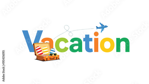 A vibrant and playful illustration of the word Vacation displaying essential travel elements a packed suitcase ready for adventure and a small