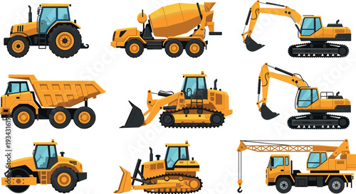 Heavy construction vehicles collection featuring excavator bulldozer dump truck crane tractor road roller and cement mixer industrial machinery vector illustration set