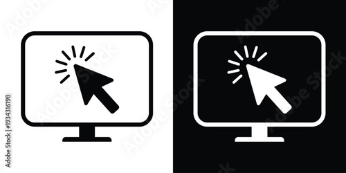 Computer monitor icon with a solid arrow cursor clicking. Minimalist vector graphic showing a mouse pointer selecting content on a screen, perfect for web navigation and technology themes.