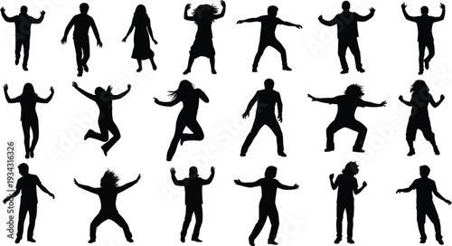 Black silhouettes of people jumping and dancing on white background