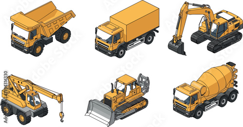 Construction machinery vehicles set featuring dump truck cargo truck excavator crane bulldozer and cement mixer industrial equipment vector illustration for building industry
