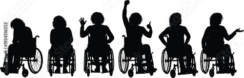 Black silhouettes of people in wheelchairs with various hand gestures disabled accessibility