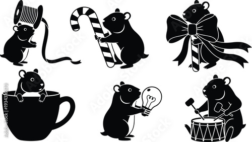 Flat vector cute mice set showing six black silhouette mice holding ribbon spool candy cane oversized bow peeking from cup holding light bulb playing drum
