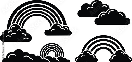 Monochrome cloud and rainbow icon set showing four stylized rainbows and clouds in flat silhouette minimal vector style simple high contrast graphic black and white bold