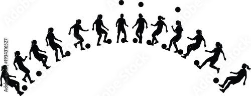 Black silhouettes of people playing soccer with balls on white background