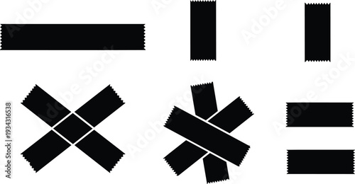 Minimalist vector tape silhouettes close up various adhesive tape strips crossed diagonal stacked isolated on white background high contrast flat icons serrated edges different sizes geometric