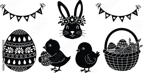 Silhouette close up bunny head with flower crown and two chicks holding decorated eggs beside woven basket and bunting easter spring illustration in black and white