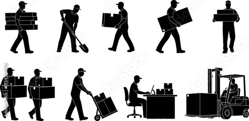 Warehouse workers and delivery staff silhouettes carrying boxes, using hand truck, forklift and office desk logistics operations in shipping, storage and distribution industry