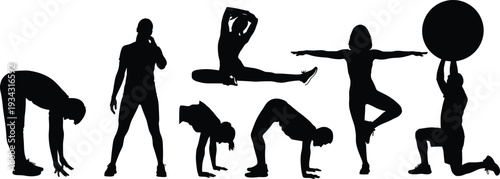 Black silhouettes of people performing gymnastics and yoga poses exercise