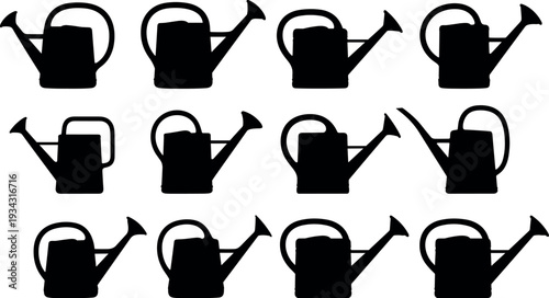 Watering can silhouettes collection for gardening and plant care representing garden tools, irrigation equipment and home gardening symbols isolated set