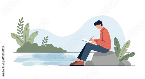 Artist drawing nature by water, creative inspiration, outdoor hobby