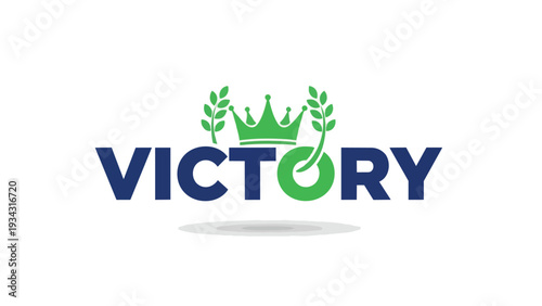 Dynamic corporate victory emblem featuring green crown and laurel leaves with bold blue typography