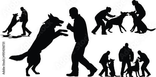Black silhouettes of people training dogs in various positions dog training dog trainer