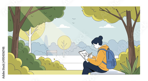 Artist Drawing Nature in Park, Creative Hobby Outdoors, Sunny Day Illustration