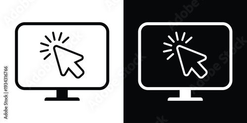 Line art style monitor icon featuring an outlined arrow cursor click. Clean vector illustration representing software interaction, web browsing, and computer input in a modern outline format.