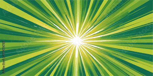 Abstract bright sunburst background vector illustration featuring orange and yellow light rays in a glowing star explosion design with green energy beams