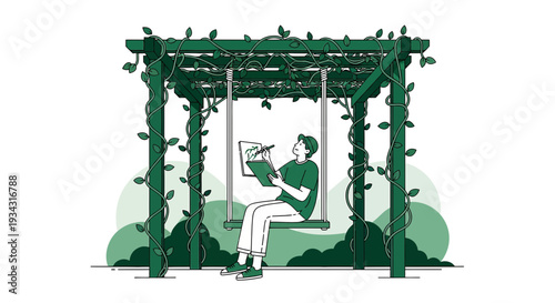 Artist Drawing Nature on Swing Under Pergola with Green Vines