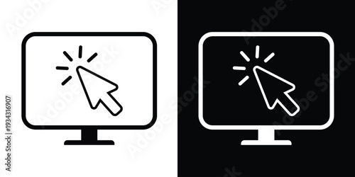 Line art style monitor icon featuring an outlined arrow cursor click. Clean vector illustration representing software interaction, web browsing, and computer input in a modern outline format.