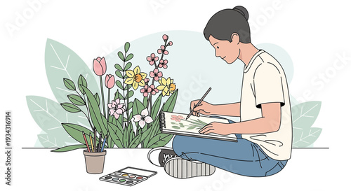 Artist Drawing Flowers in Garden - Botanical Illustration and Creative Hobby
