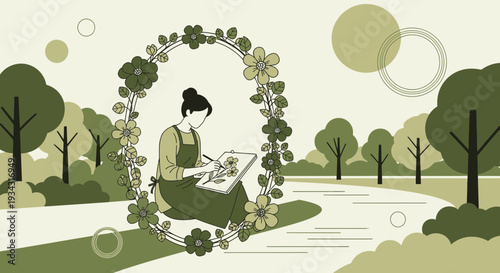 Artist Drawing Flowers in Nature Park, Floral Wreath Illustration
