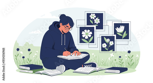 Artist drawing flowers in notebook, surrounded by floral photos, nature setting