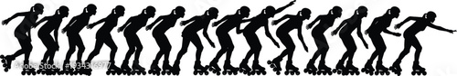 Black silhouettes of women rollerblading in various poses white background