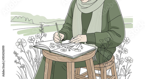 Artist Drawing Flowers in Sketchbook Outdoors, Nature Sketching, Botanical Art