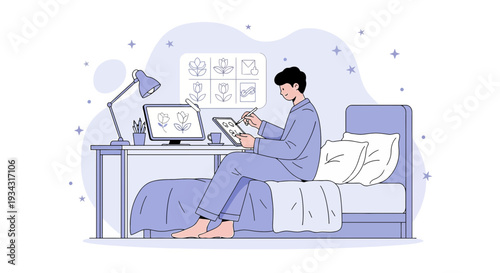 Artist Drawing Flowers on Tablet in Bedroom at Night