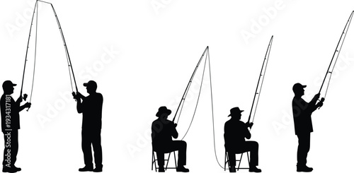 Five silhouettes of people fishing with rods fishing rods