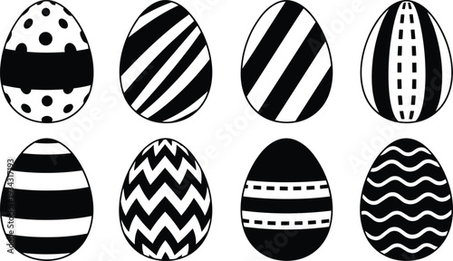 Hand drawn black and white decorated easter eggs close up row of eight assorted patterned eggs in simple flat graphic style festive spring illustration minimalist monochrome