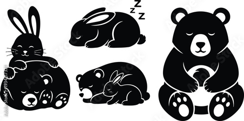 Playful silhouette illustration of sleeping bear and rabbits stacked close up side view curled bunny napping large sitting bear holding paws cozy minimalist black white vector