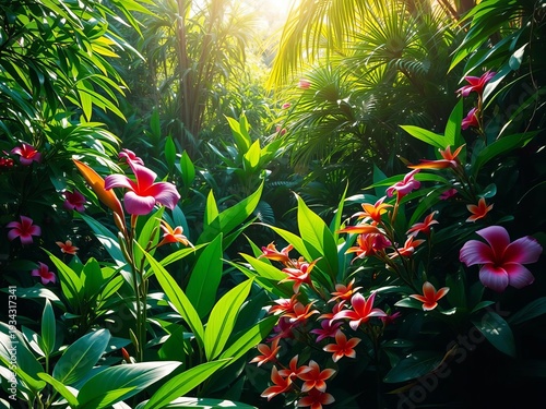 Lush jungle foliage with vibrant flowers under soft sunlight,  plants,  leaves