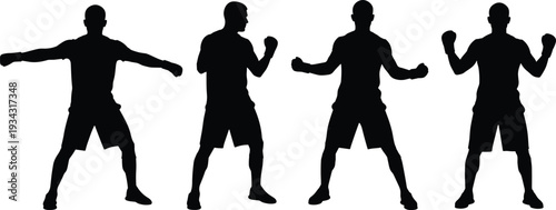 Four black silhouettes of men in fighting stances boxing martial arts