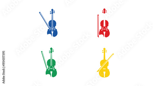 Colorful illustrations of musical instruments resembling violins in four different colors