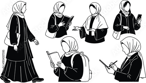 Modern minimalist line art close up and full body muslim woman in hijab reading walking using phone writing with backpack tote bag different poses studio illustration