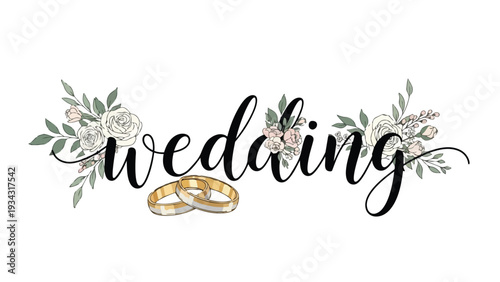 Ethereal wedding script, adorned with delicate botanical elements and symbolic interlocking golden bands